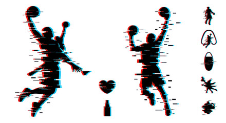 Glitch Art Basketball Players Silhouette Dunking, Sports Action Vector © Inung