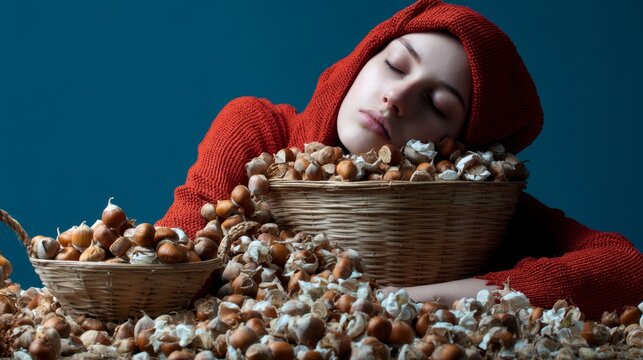 Sleeping woman surrounded by popcorn in cozy composition