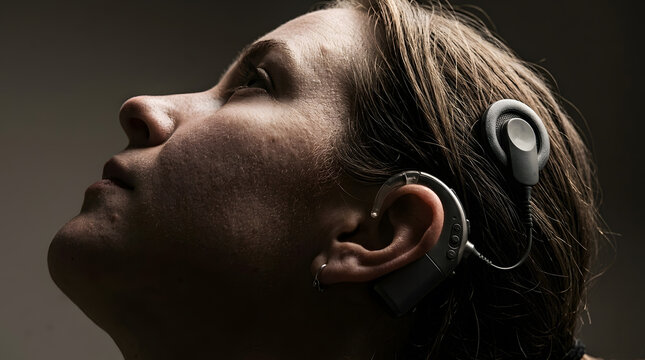 Close-up profile of an adult woman in her 30s wearing a cochlear implant and hearing aid device on her ear, looking upwards. Generative AI.