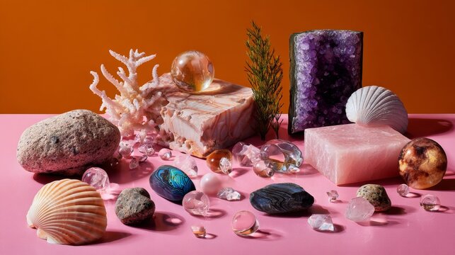 Colorful crystal and shell still life on pink background