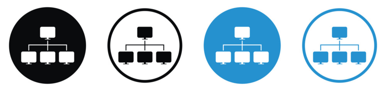 Computer network topology and system hierarchy icon set. Displays a centralized workflow structure linking multiple screens together. Minimalist flat design in blue and black.