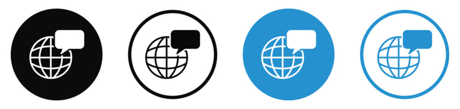 Global communication and internet translation icon set. Shows a world globe with a speech bubble, representing worldwide chat, social networking, and language learning. Flat vector.
