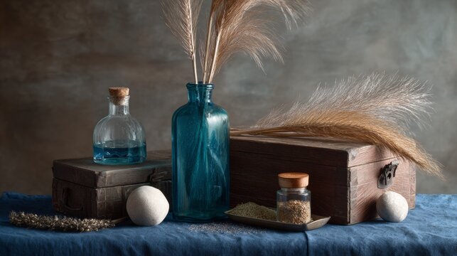 Rustic still life with blue vase and dried pampas grass
