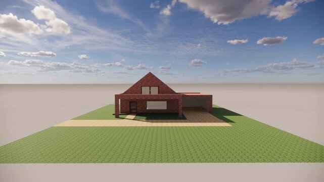 A 3D rendering of a red house with a gable roof and a large garage on a green lawn under a blue sky with clouds.