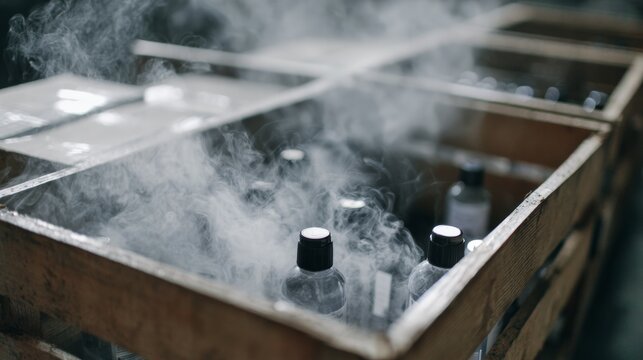 Wooden crate with smoke and cosmetic bottles