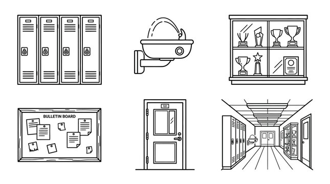School Hallway Scenes Lockers Bulletin Board and Water Fountain Line Art