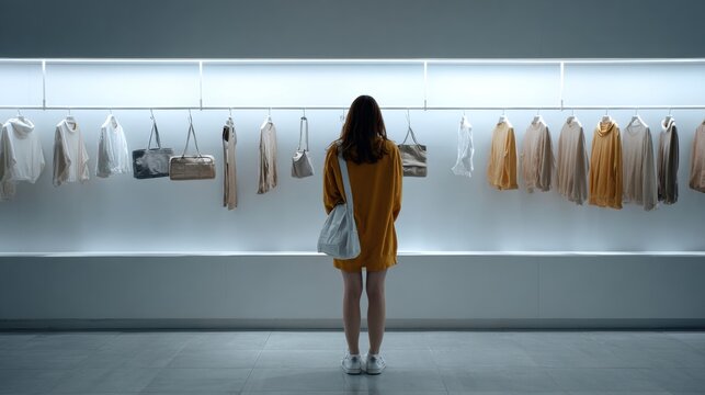 Woman browsing modern fashion boutique display
