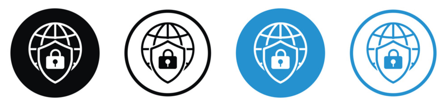 Unlocked global security and network vulnerability icon set. Features a globe grid with an open padlock on a shield, symbolizing decrypted data or system access. Flat vector design.