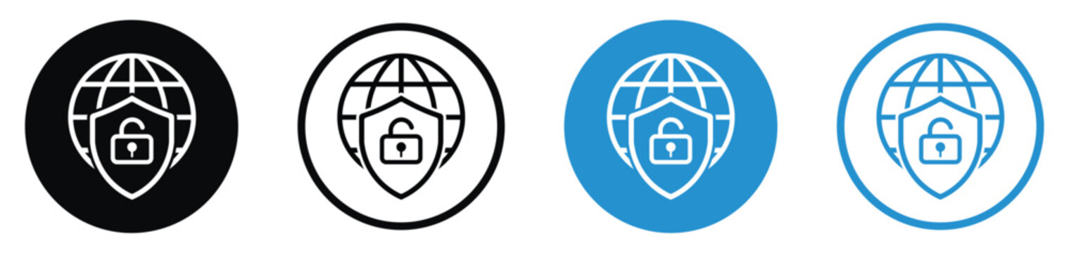 Unlocked global security and network vulnerability icon set. Features a globe grid with an open padlock on a shield, symbolizing decrypted data or system access. Flat vector design.