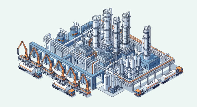 Isometric illustration of an oil refinery industrial plant with pipelines and trucks.