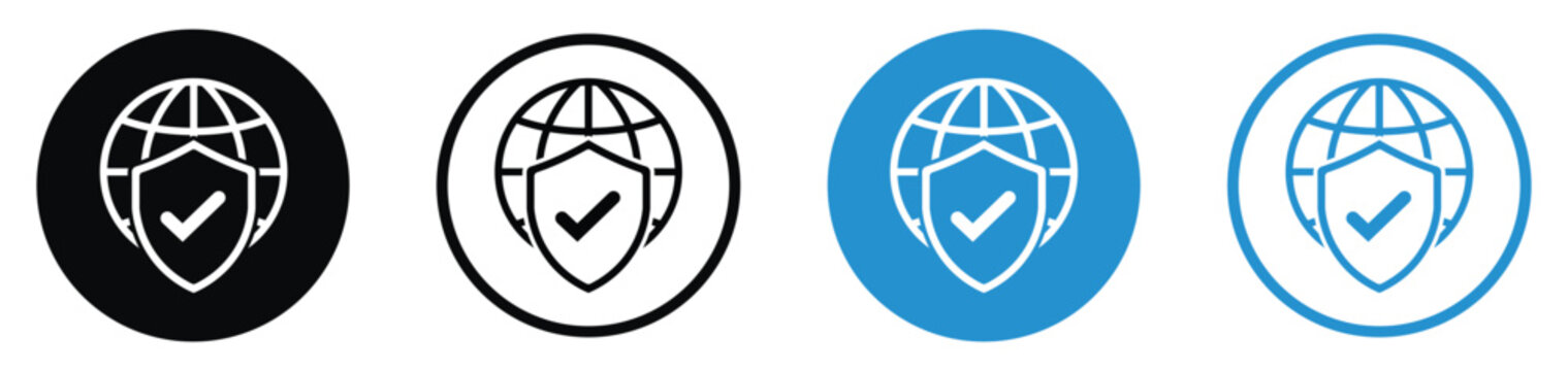 Verified global network security icon set. Features a globe protected by a shield containing a checkmark, representing approved data safety and trusted internet protection. Flat vector.