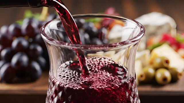 Pouring red wine into a glass with grapes and cheese in the background.
