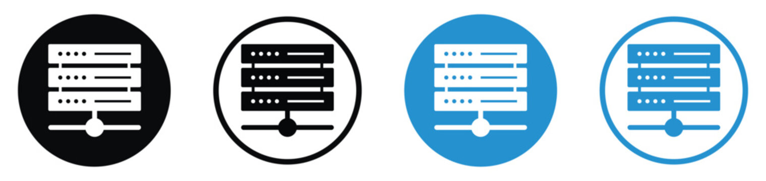 Local network server and data exchange icon set. Shows a database connected to a network node in flat black and blue circular designs. Great for system architecture and connectivity layouts.
