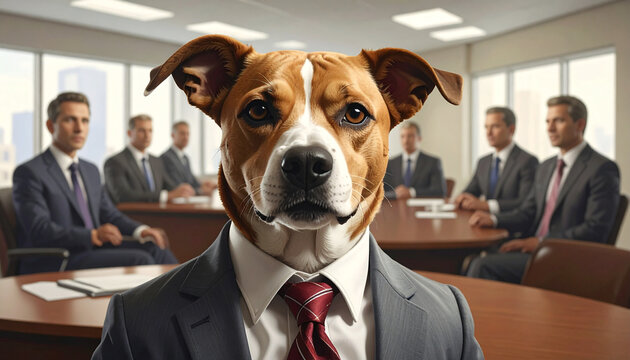 Dog in business suit meeting