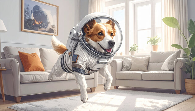 Dog astronaut flying indoors