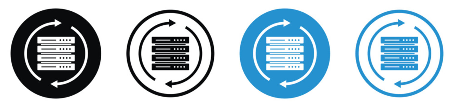 Server backup, data recovery, and synchronization icon set. Displays a data rack enclosed by circular arrows in blue and black styles. Ideal for cloud storage sync and updates.