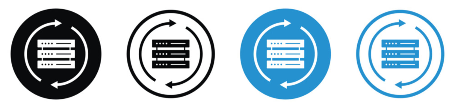 Server backup, data recovery, and synchronization icon set. Displays a data rack enclosed by circular arrows in blue and black styles. Ideal for cloud storage sync and updates.