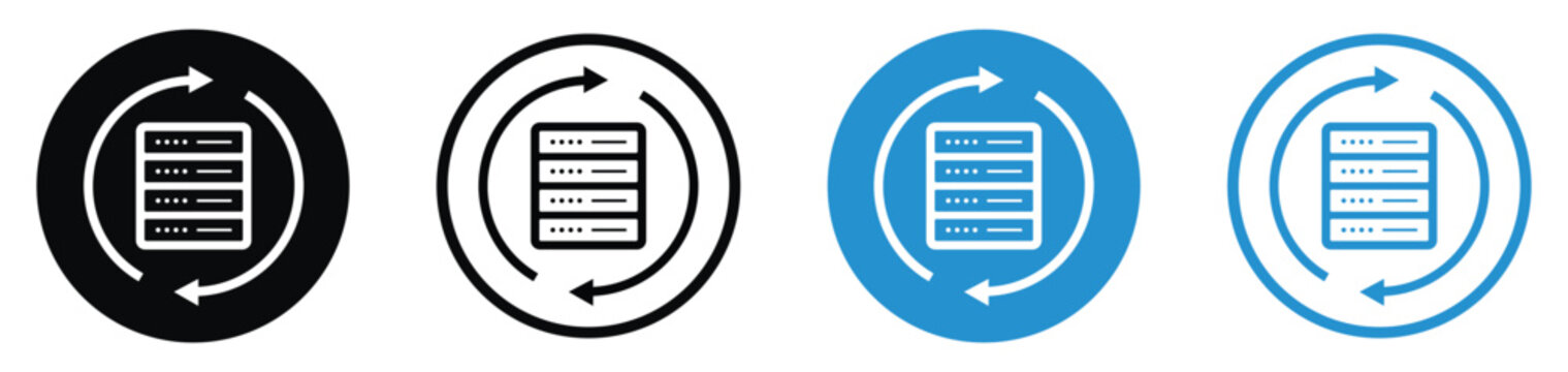 Server backup, data recovery, and synchronization icon set. Displays a data rack enclosed by circular arrows in blue and black styles. Ideal for cloud storage sync and updates.