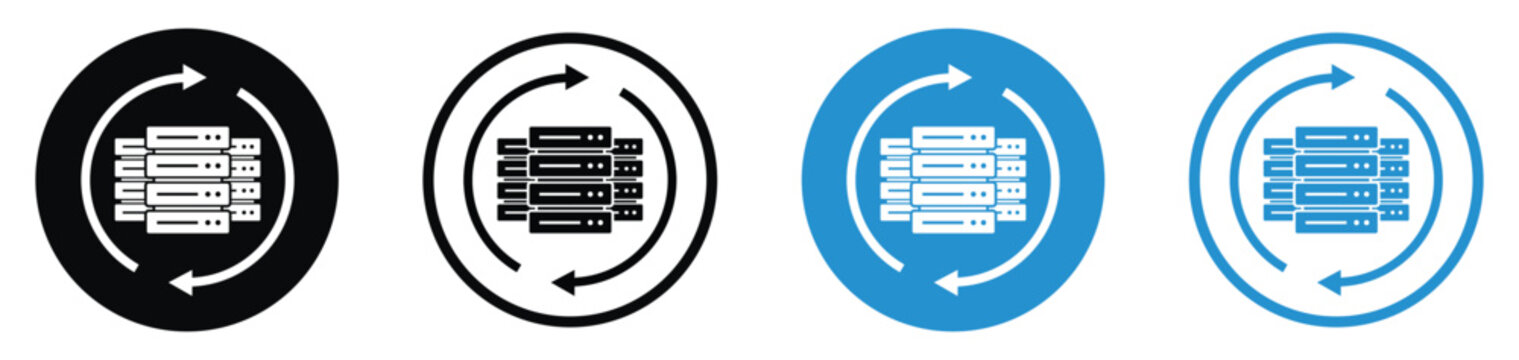 Server backup, data recovery, and synchronization icon set. Displays a data rack enclosed by circular arrows in blue and black styles. Ideal for cloud storage sync and updates.