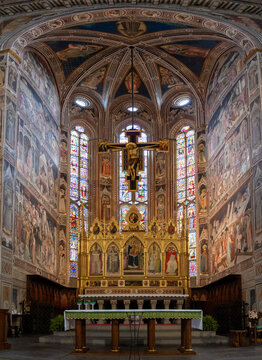 Florence, Italy - 17 Sep 24: Main altar and crucifix inside Santa Croce, Florence