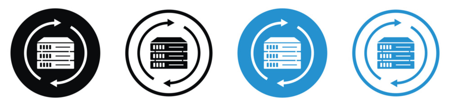 Server backup, data recovery, and synchronization icon set. Displays a data rack enclosed by circular arrows in blue and black styles. Ideal for cloud storage sync and updates.