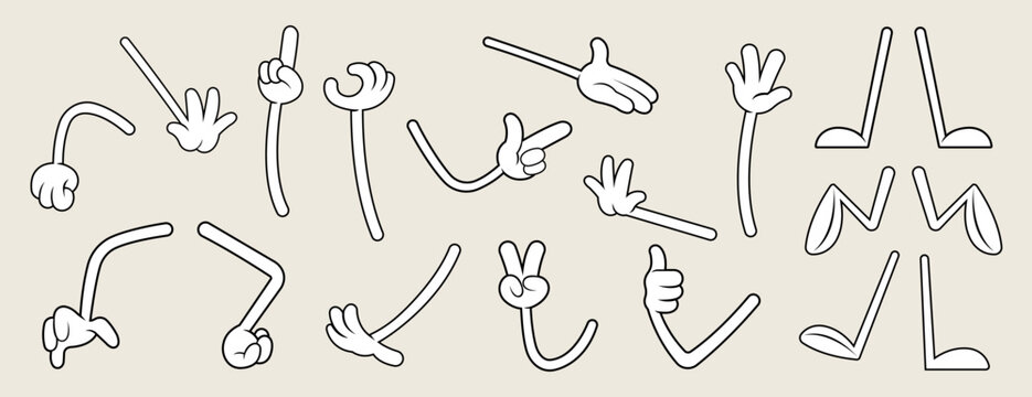 Set of 70s groovy comic hands vector. Collection of cartoon character faces, leg, hand in different emotions happy, angry, sad, cheerful. Cute retro groovy hippie illustration for decorative, sticker