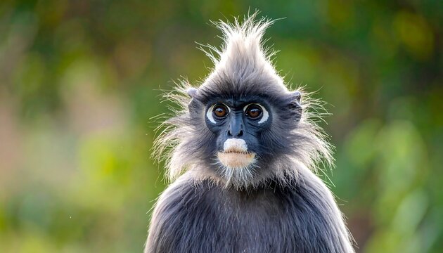 A primate with striking gray fur and unique facial features is centered in the frame. The background is blurred green