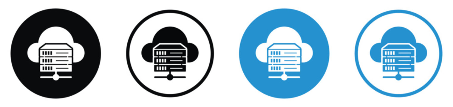 Cloud storage computing and network hub icon set. Features server hardware racks combined with a cloud and network node icon. Ideal for database hosting, data centers, and internet infrastructure.