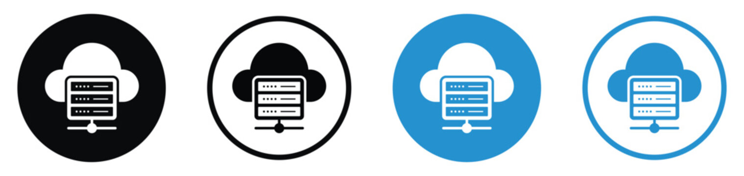 Cloud storage computing and network hub icon set. Features server hardware racks combined with a cloud and network node icon. Ideal for database hosting, data centers, and internet infrastructure.