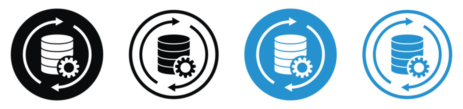 Database synchronization, backup, and processing vector icon set. Showcases a storage cylinder with a configuration gear inside cyclic arrows. Ideal for automated recovery and data updates.