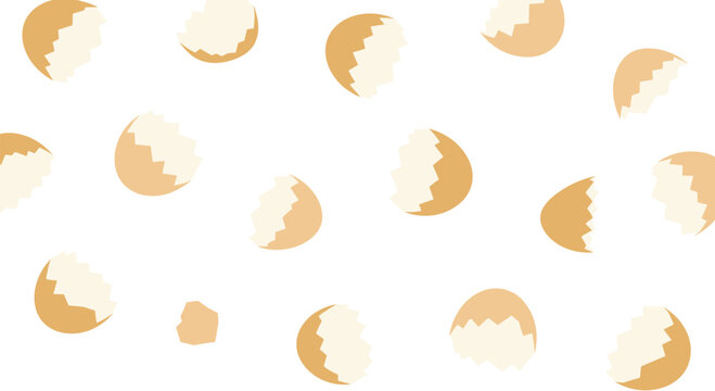 Floating eggshell fragments display jagged edges and porous textures against a soft cream background in a minimalist flat lay composition with neutral light and color tone.