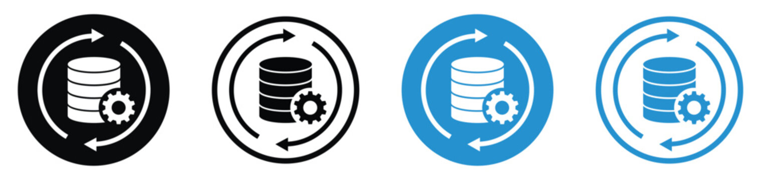 Database synchronization, backup, and processing vector icon set. Showcases a storage cylinder with a configuration gear inside cyclic arrows. Ideal for automated recovery and data updates.