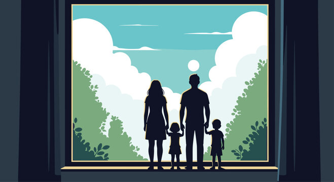 A silhouette of parents and two children stand together gazing through a large window at a bright blue sky filled with fluffy white clouds in this serene and peaceful indoor compos