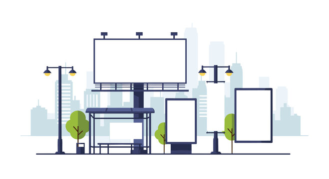 A series of blank empty advertising billboards and bus stop signage are displayed along a city street against a minimalist flat vector illustration of an urban skyline backdrop.