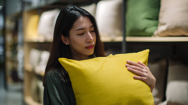 Young woman thoughtfully selects soft yellow cushion, eyes closed, enjoying the texture in a home decor store aisle with blurred merchandise racks