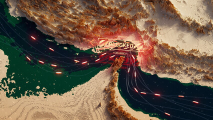Fototapeta premium Maritime Blockade at Strategic Strait of Hormuz, Aerial View of Blocked Shipping Route and Choke Point