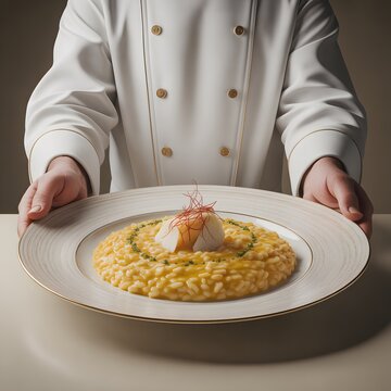 Chef presenting italian risotto allo zafferano with gourmet topping, irresistible fine dining cuisine, catering, menu