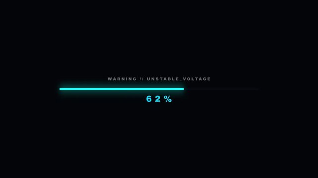 Futuristic sci-fi progress bar animation with cyan unstable voltage warning text on black background