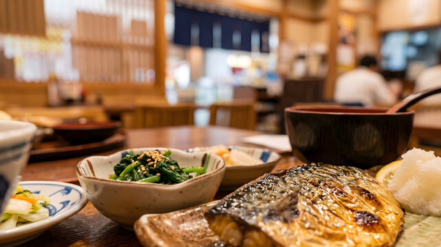 日本の居酒屋のテーブルに並ぶサバの塩焼き定食と小鉢