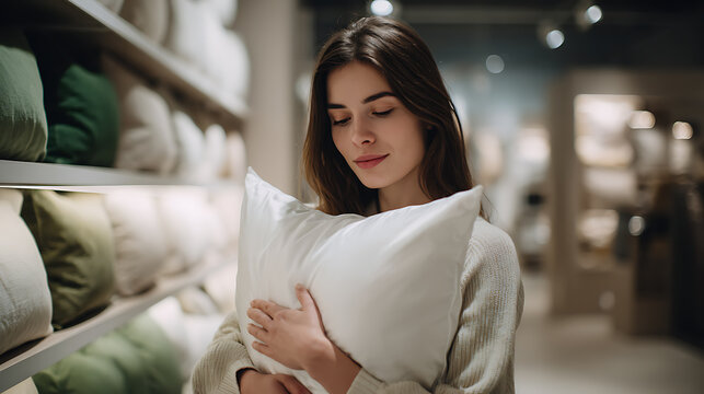Woman embrace soft pillow in home furnishings store, a moment of comfort and contentment, surrounded by cozy textiles and elegant decor