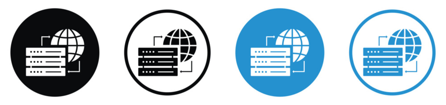 Global data transfer and web hosting icon set. Displays data storage racks connected to a world globe via directional arrows. Great for international networks, cloud sync, and telecom concepts.