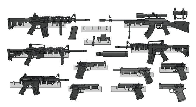 An assortment of rifles and handguns is mounted on organized wall racks against a neutral gray background in a clean and detailed flat vector illustration design.