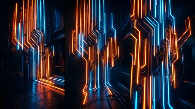 Abstract neon light circuit board pattern in dark with abstract background abstract technology futuristic cyberpunk illumination background