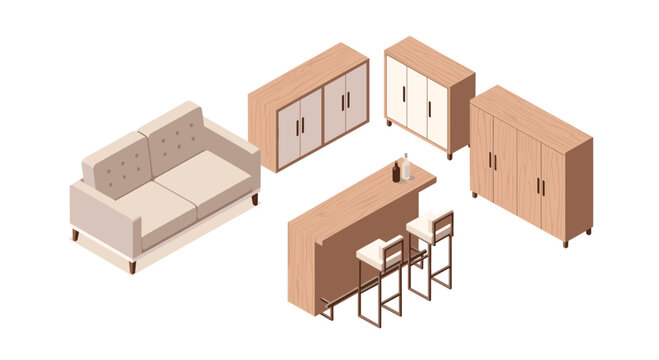 A collection of isometric wooden furniture pieces including a cream couch and a bar counter is arranged neatly on a clean white background with soft warm lighting.