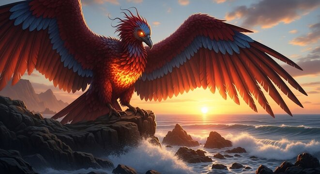 Fantasy phoenix coastal sunset