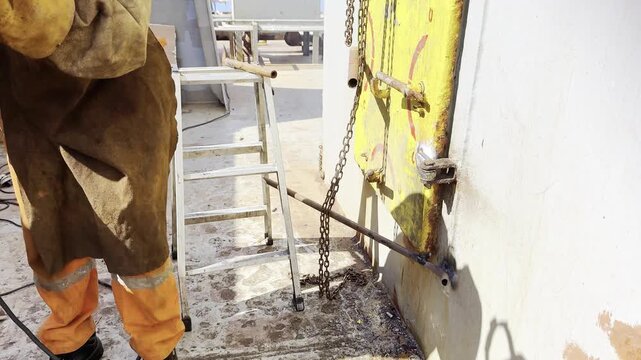 repairing metal door by ship fitter. vessel construction repairing and maintenance. seafarer job.