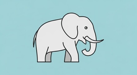 Fototapeta premium Stylized grey elephant illustration with tusks and trunk on a light blue background. Simple minimalist cartoon animal side view.
