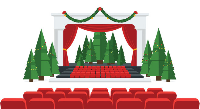 A festive theater stage with red velvet curtains and multiple miniature green Christmas trees is arranged for a holiday performance in a bright indoor space.