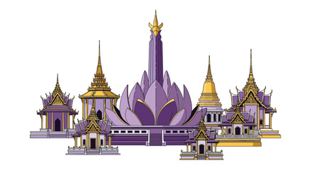 Obraz premium Various ornate Buddhist temples and stupas with purple and gold detailing are arranged in a cluster against a white background for cultural design projects.