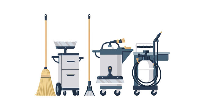 Commercial floor maintenance machinery and industrial janitorial equipment are grouped together against a plain background for professional facility management and cleaning service